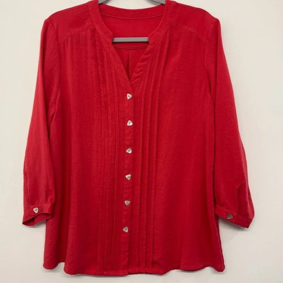 Fridaze Red Linen Tunic Top Shirt Blouse Button Down Sleeves Small - Picture 1 of 7